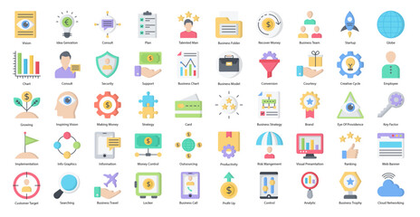 Business Strategy Flat Icons Productivity Management Icon Set in Color Style 50 Vector Icons
