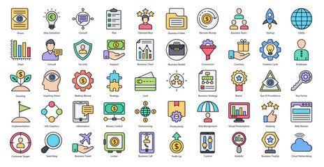 Business Strategy Color Line Icons Productivity Management Icon Set in Filled Outline Style 50 Vector Icons - obrazy, fototapety, plakaty