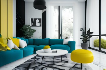 modern living room minimalist, marble, white and black, architecture, living room with kitchen color palette Color palettes aesthetic - generative ai