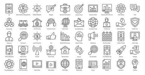Fototapeta na wymiar Digital Nomad Thin Line Icons Freelancer Freelancing Icon Set in Outline Style 50 Vector Icons in Black