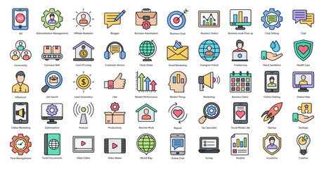 Digital Nomad Color Line Icons Freelancer Freelancing Icon Set in Filled Outline Style 50 Vector Icons