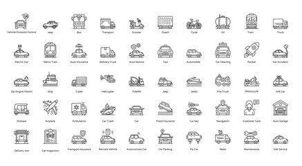 Vehicle Thin Line Icons Vehicles Transportation Icon Set in Outline Style 50 Vector Icons in Black