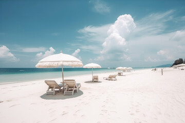 Obraz premium Beautiful white sand beach and turquoise waters with sun loungers and umbrellas. Generative AI