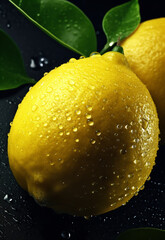 Fototapeta na wymiar A slices of fresh juicy yellow lemons Isolated on black Background. fresh lemons collection on stone background, top view. Tasty and healthy food. Generative AI
