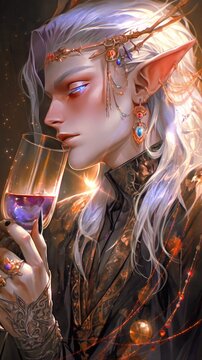 Anime elf male portrait, gothic, purple hair,  holographic, wallpaper, fantasy fairy tail illustration made with generative AI