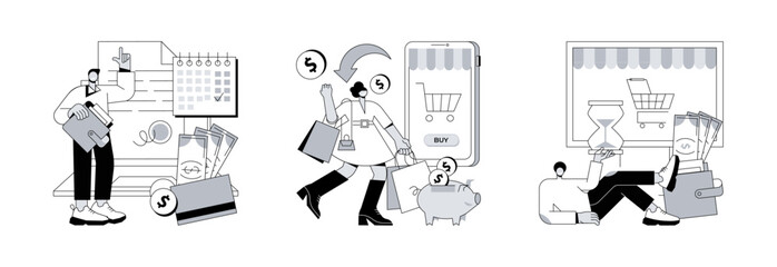 Making online purchase abstract concept vector illustration set. Prepayment terms, cashback service, pending payment, pay in advance, extra cash rebate, order in process, check out abstract metaphor.