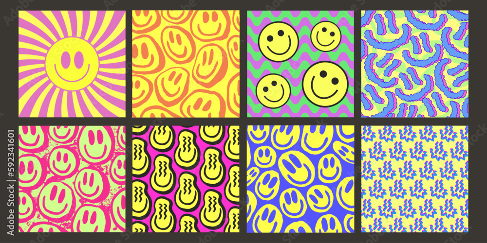 Poster Cool Smile Pattern Vector Design. Trendy Groovy Background. Y2K Funny Texture.