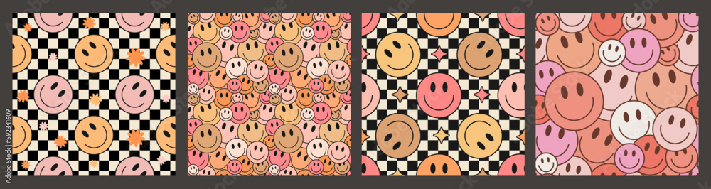 Poster cool groovy seamless pattern set. cool retro vintage smile textures. trendy y2k repeat background.