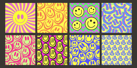 Cool Smile Pattern Vector Design. Trendy Groovy Background. Y2K Funny Texture.