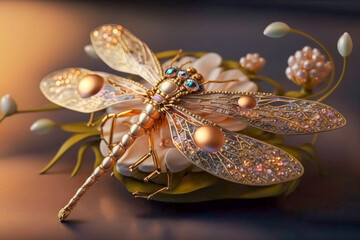 Jewelry golden insect brooch. Realistic background, 3d generative ai illustration