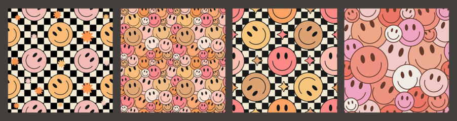 Cool Groovy Seamless Pattern Set. Cool Retro Vintage Smile Textures. Trendy Y2K Repeat Background.