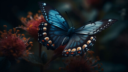Plakat A butterfly sits on a branch with flowers in the background.generative ai