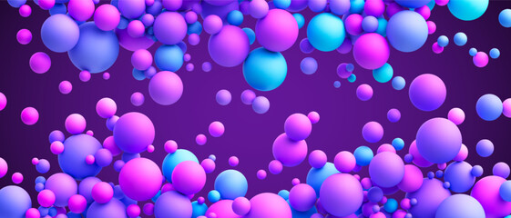 Abstract background with dreamy blue pink purple vibrant neon gradient random flying spheres. Colorful neon matte soft balls in different sizes. Vector background