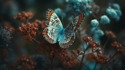 Fototapeta na wymiar A butterfly sits on a branch with flowers in the background.generative ai