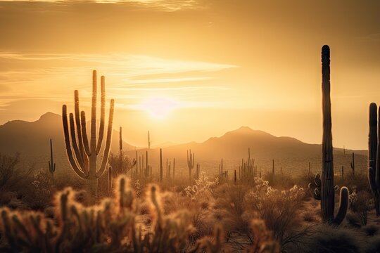 desert sunset, with the sun setting behind a cacti forest, created with generative ai