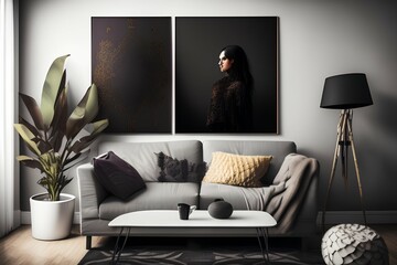 photo of dark colored living room with painting on the wall for poster mock up, high detailed - generative ai