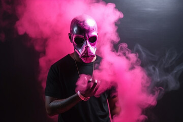 Cool Men with mask standing in pink smoke 