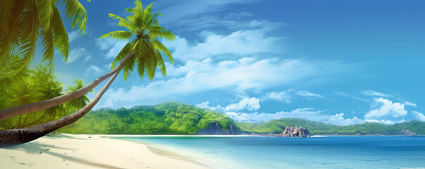 Fototapeta na wymiar a couple of palm trees sitting on top of a sandy beach