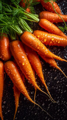 Fresh carrots with glistening droplets of water. Top down view - ai generative