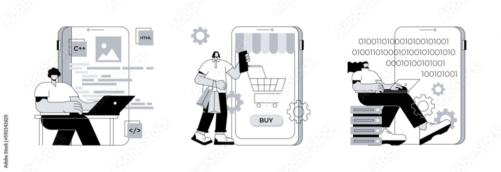 Poster commercial software abstract concept vector illustration set. mobile application development, ecomme