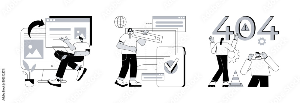 Poster web development abstract concept vector illustration set. microsite interface, cross-browser compati