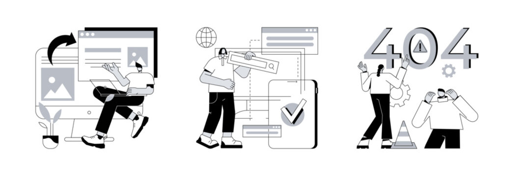 Web development abstract concept vector illustration set. Microsite interface, cross-browser compatibility, 404 error, programming, company page, page not found, website user abstract metaphor.