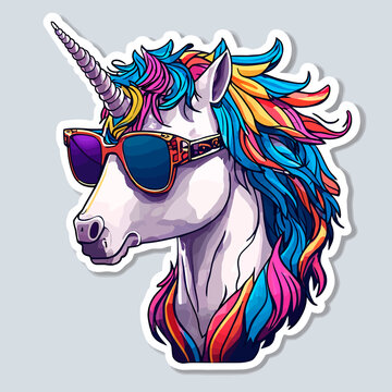 A detailed illustration a head of a unicorn wearing sunglasses