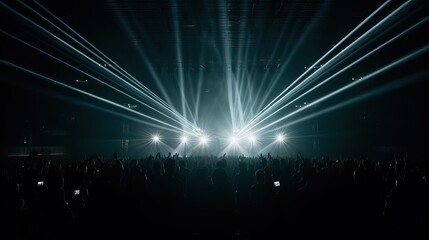 Panorama live music concert crowd and audience with beams light show and concert lighting. Edm electronic music festival or rock show performance with crowded people silhouette. Generative AI