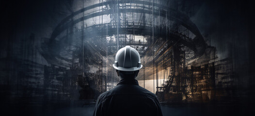 a man wearing a hard hat in a dark room