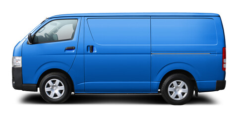 Japanese modern light blue cargo minibus. Side view isolated on white background.