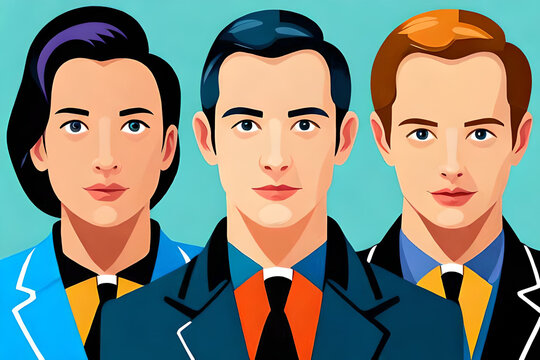 Сlose-up portrait of mans and women in flat style.
