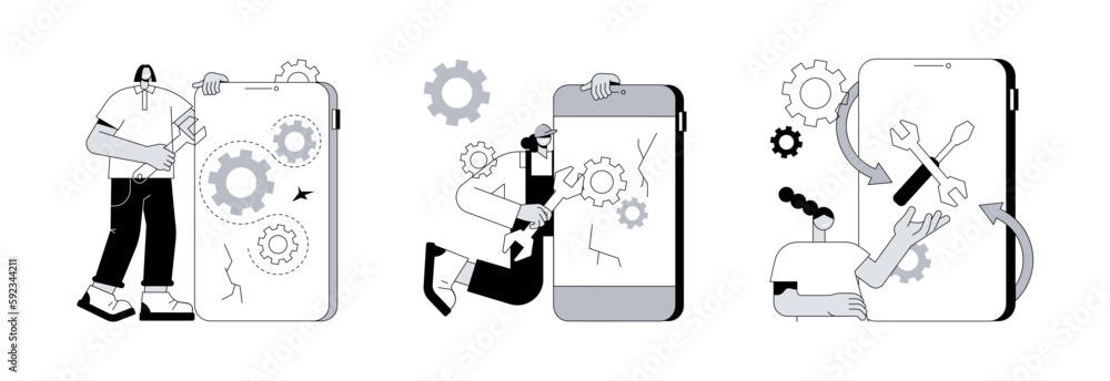 Poster broken gadget abstract concept vector illustration set. mobile device and smartphone repair, refurbi
