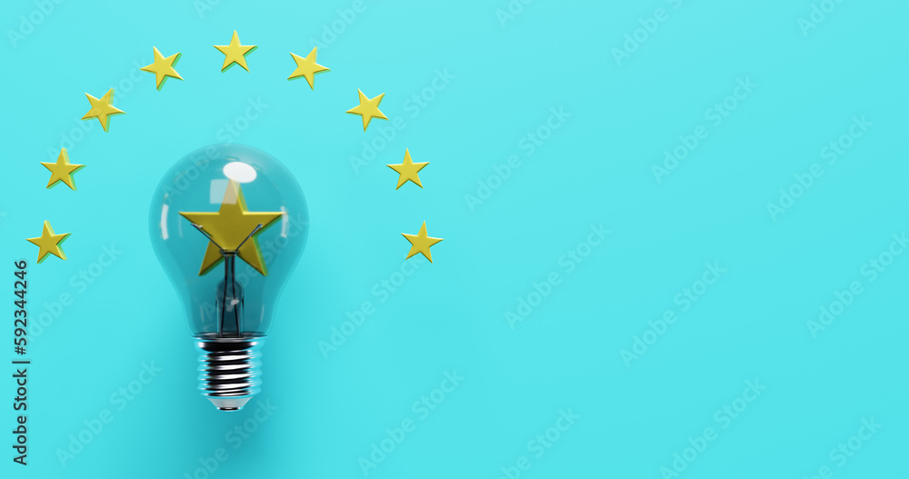 Poster star in a glass light bulb.ideas brainstorming a solution. 3d rendering