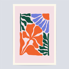 Abstract flower leaf poster. Minimal floral naive art print Matisse inspired, botanical wall decor. Vector illustration