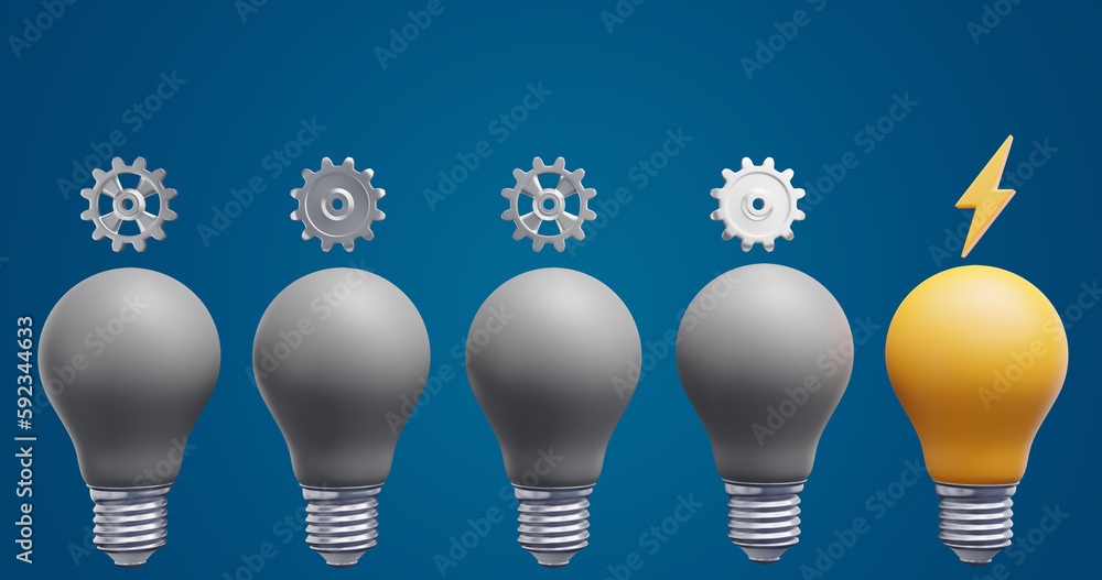 Poster light bulbs in a row, gear. brainstorming ideas success solution. 3d rendering