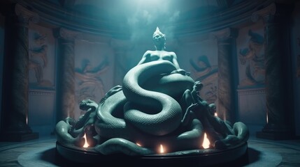 a big snake surrounding a marble with mermaids inside, mystical, 8k, epic, creepy, luminous, hyperrealistic, photography, generative ai