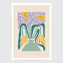 Minimal flower poster. Abstract floral naive art print Matisse inspired, botanical wall decor. Vector illustration