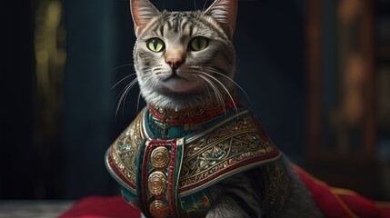  a cat wearing a vintage celtic outfit, hypermaximalistic, 8k, intricate details, hyperrealistic, photography, generative ai