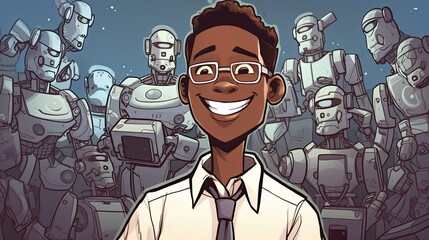 A cartoon portrait of a happy young tech entrepreneur commanding an army of friendly and cute robots and making money, the image captures the idea of technological innovation, automation generative ai