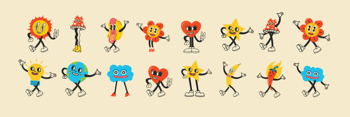 Groovy hippie love sticker character. Comic happy mushroom, hot dog and cloud character with wings in trendy retro 60s 70s cartoon style. Vintage isolated vector illustration.