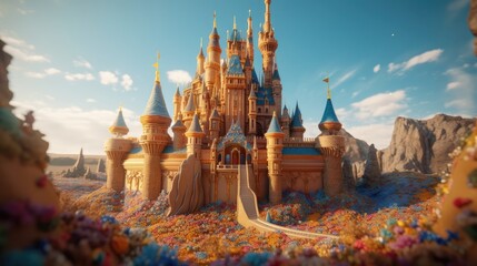 A fantastical castle, where all the knights and princesses are dressed as characters from different Disney movies, and all the castle walls and different popular breakfast cereal, generative ai