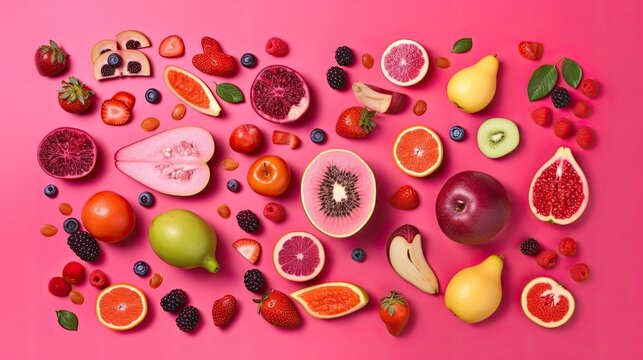  a flat lay photography of fruits in a hot pink color background, 8k, high resolution, hyperrealistic, photography, generative ai