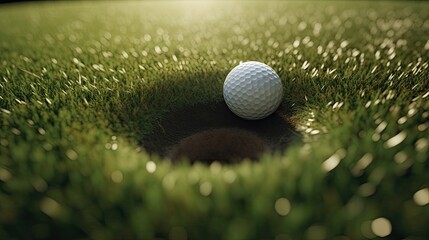  a golf ball close to entering a golf hole, close up, 8k, grass, dew, shiny, realistic, photography, generative ai