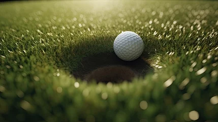Fotobehang  a golf ball close to entering a golf hole, close up, 8k, grass, dew, shiny, realistic, photography, generative ai © 3D Station