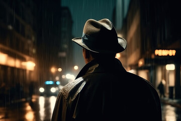 back of male detective spy in hat and coat on street at night in rain in noir style. Generative AI