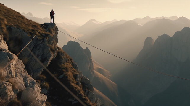 a man standing on top of a mountain next to a rope