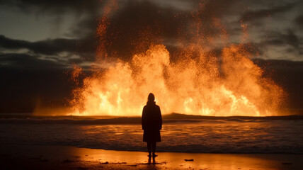 a person standing on a beach in front of a fire