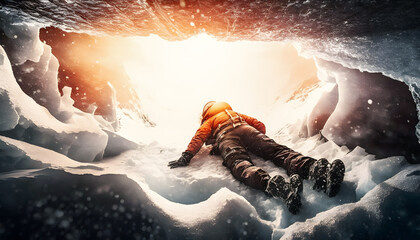 Fototapeta na wymiar Climber with hypothermia on snow frozen cave winter. Concept death of lost tourist in mountains, avalanche accident. Generation AI