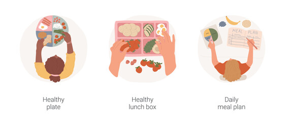 Healthy eating isolated cartoon vector illustration set. Plate with different sections, balanced nutrition, packing healthy lunch box, personalized family meal plan, list of dishes vector cartoon.