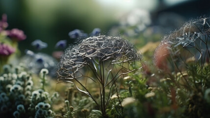 a bunch of flowers sitting on top of a lush green field